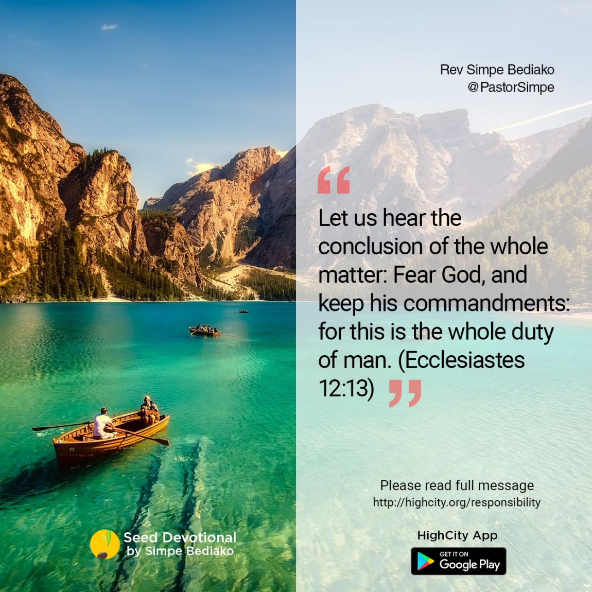 "​Let us hear the conclusion of the whole matter: Fear God, and keep his commandments: for this is the whole duty of man." (Ecclesiastes 12:13 KJV) After being endowed with wisdom from above and searching out the greatest wisdom on earth and among men, Solomon the wisest man made a conclusion to life. He said the conclusion to life is fear the Lord and keep His commandments. Many of us are still wasting precious time trying to figure out what must be done. We are seeking to search out great wisdom on what are the most important secrets to a great life. Well the most important secret to a great life is to fear God and keep His commandments. The greatest wisdom and secret to a great life is to learn to fear God and hold His words as the secret to a great and fruitful life. You know why? It is because; God has the keys of David; if He closes a a door, no man can open. If He opens, no man can close. He is almighty and all powerful. This God has the keys of David. He shuts out one and releases the other. Only a fool takes Him for granted. Man proposes; but God disposes. Yea, you can make all your plans but God discharges them. I know of a fellow who went to bed having planned that he will wake up early morning to catch his flight to Paris, the next morning the flight was on schedule but he was in the morgue. Recently, I went to a high commission to take my passport, because I was applying for a visa. While I was there, another family came in to retrieve the passport of their deceased relative. She have been given five years multiple to the said country but she was late. Always remember that man proposes but God disposes. You will win when you fear God and keep His commandments. Promotion does not come from the East, West or South: It is He who sets one up and set down another. It is not of he who wills nor of he who runs but God who shows mercy and gives grace. God favours those He wants to. He is God all by Himself. We must learn to fear Him.  Receive grace and may your election be sure in the name of Jesus Christ. If the Lord does not build a city, they labour in vain; that build it. This is the next truth you must admit. Only what God does shall be forever. If the Lord dies not leave us a remnant, we would be as Sodom. Listen, your whole duty is to fear God and keep His commandments. You are wise if you begin to fear. You are silly if you continue to take God for granted. Today is your day, decide to honour God with your life and choices. I encourage you to give your life to Jesus and to hold Him as the Lord of your life. To obey and to follow Him. Pray this prayer after me. "Lord Jesus, I believe you are the son of God who died, and on the third day the Father raised you from the dead. Come into my heart and be the Lord of my life, Amen" You are now a child of God. Stay blessed, I love you